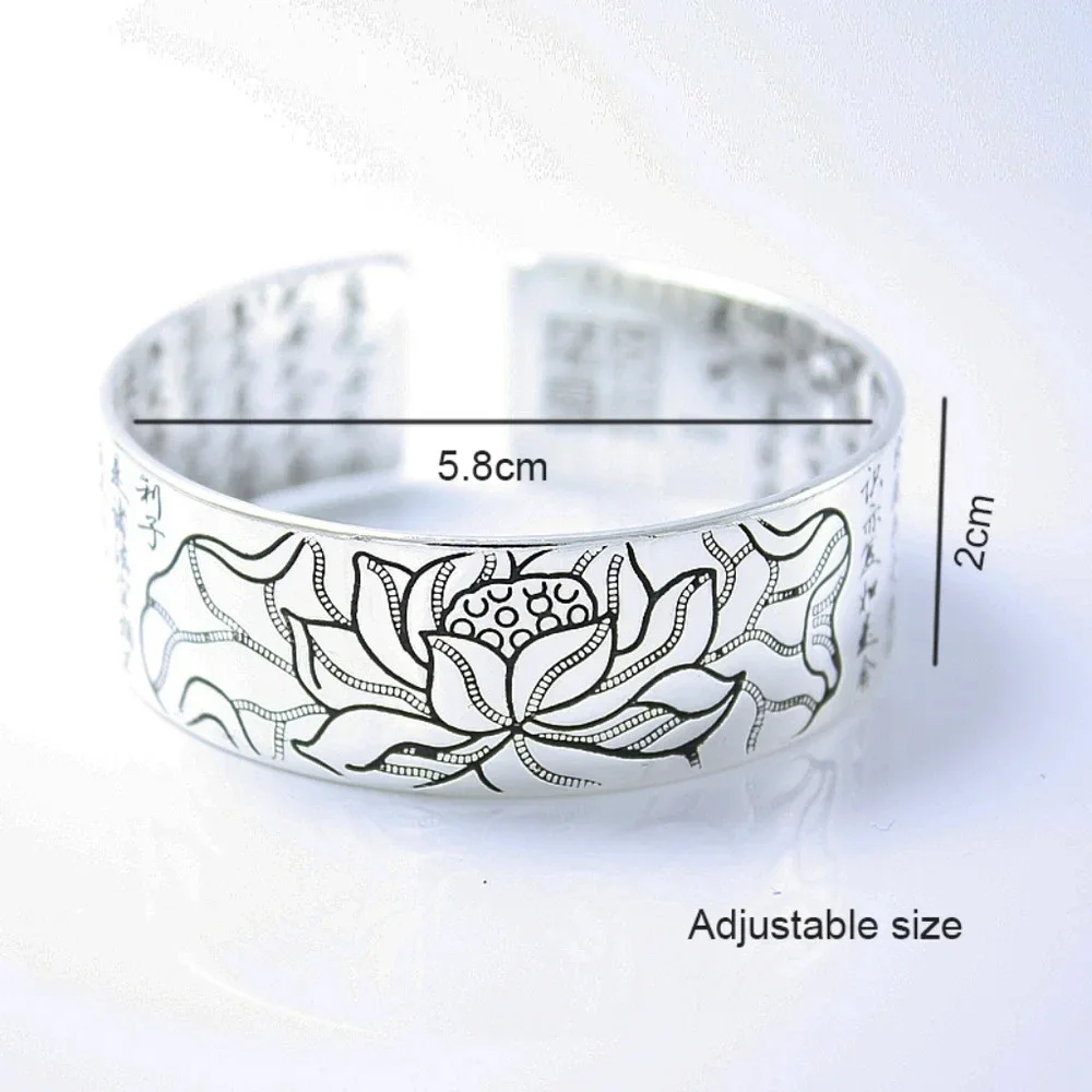 Unisex‎ Large S999 Thai Pure Silver Lotus Cuff Bracelet, Adjustable